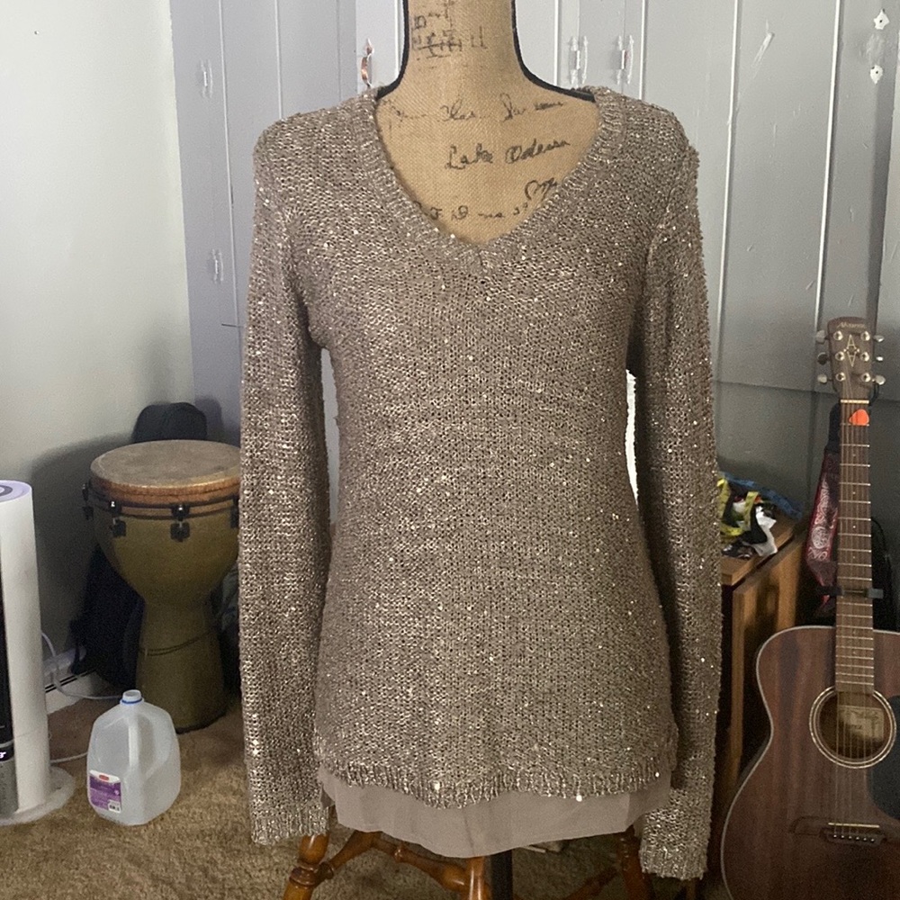 Apt9 Pull Over Sparkling Sweater in Tan